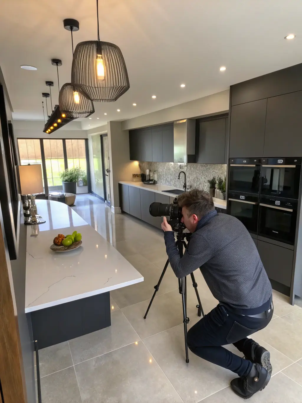 A DOMIFY team member meticulously inspecting a newly renovated kitchen, emphasizing attention to detail and quality craftsmanship.