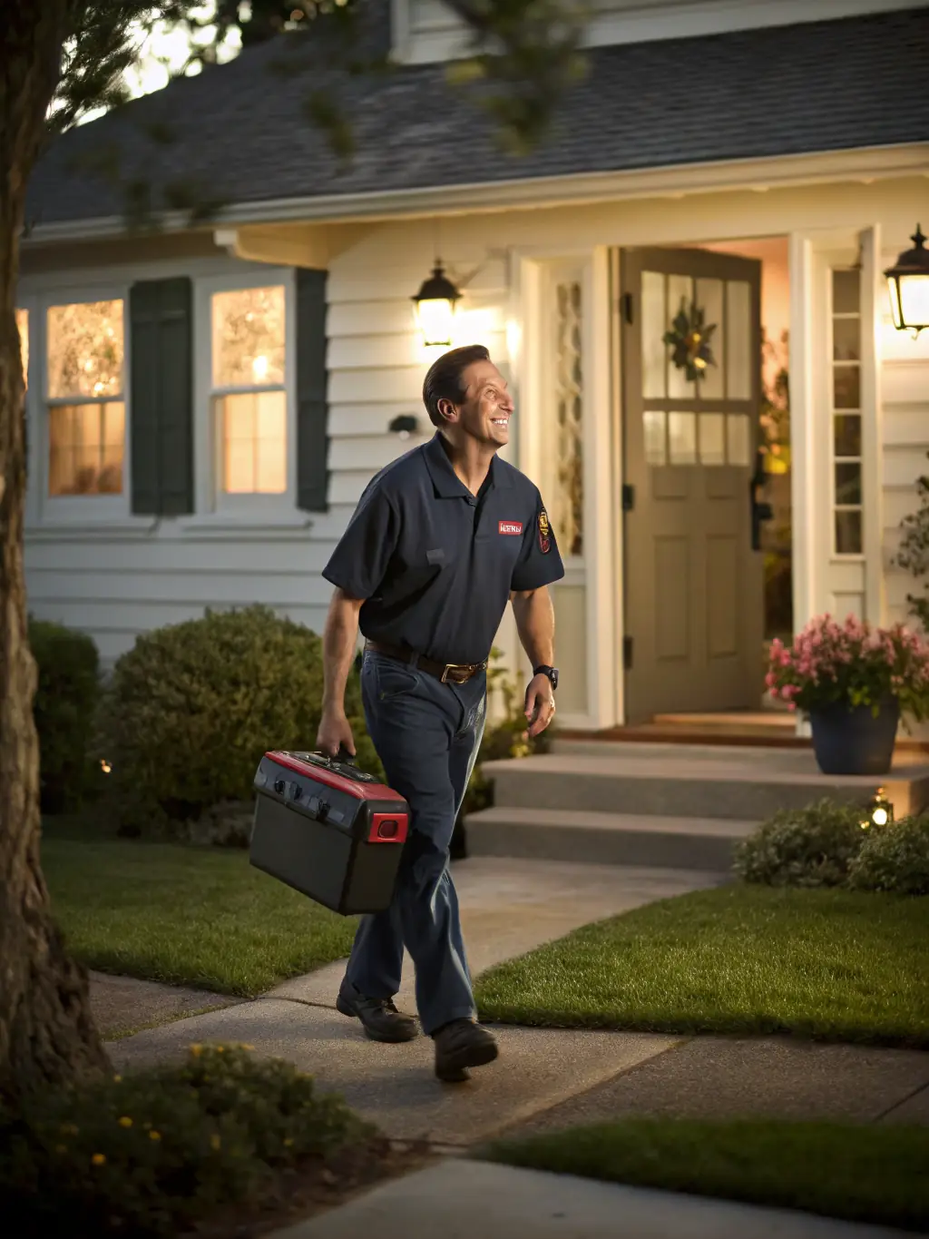 A friendly DOMIFY technician arriving promptly at a client's home for a scheduled service, showcasing punctuality and reliability.