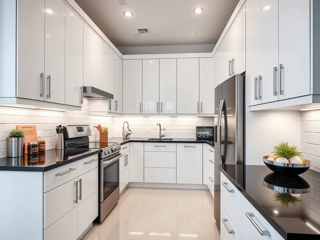 A state-of-the-art kitchen with new cabinetry, countertops, and smart appliances, demonstrating DOMIFY's kitchen upgrade capabilities.