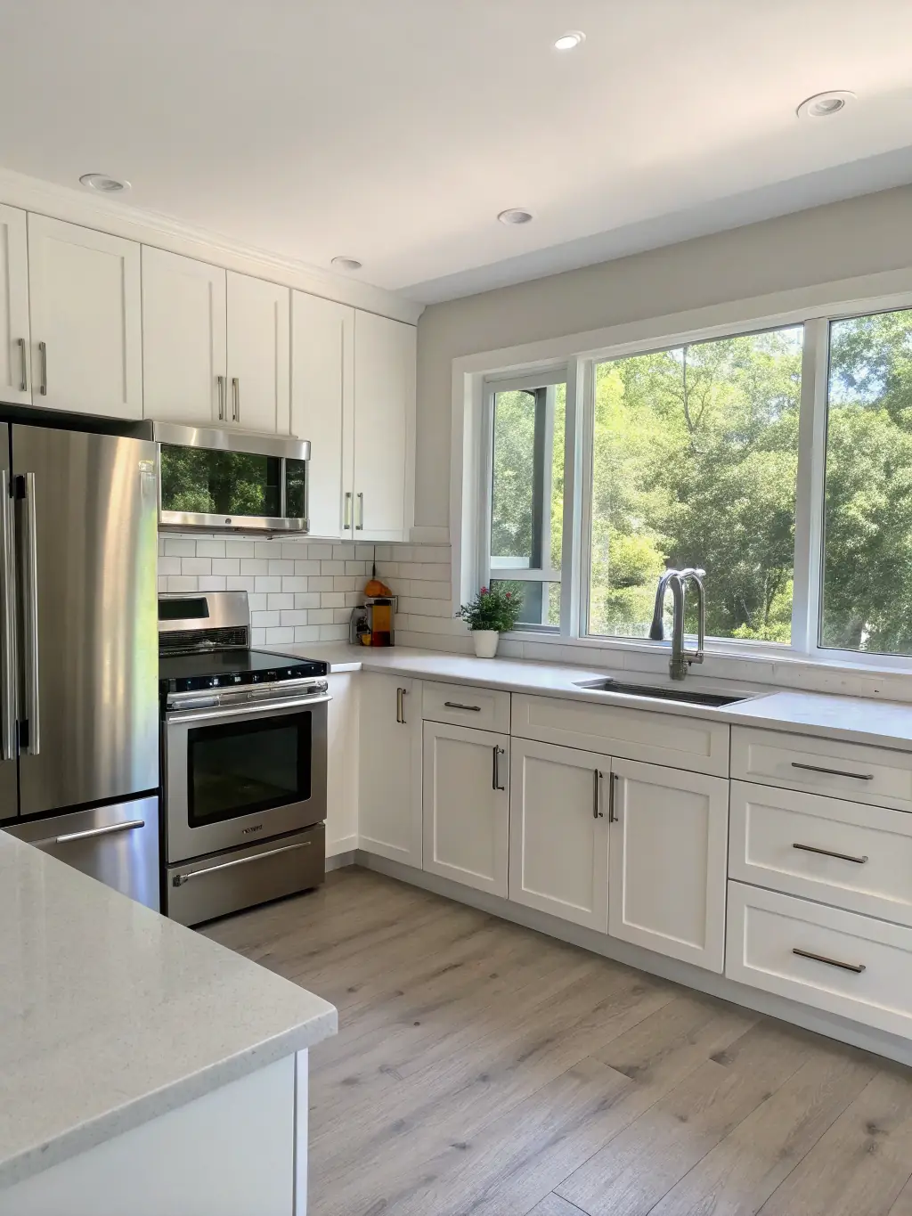 A contemporary kitchen featuring quartz countertops, modern cabinets, and state-of-the-art appliances, exemplifying DOMIFY's kitchen upgrade capabilities.