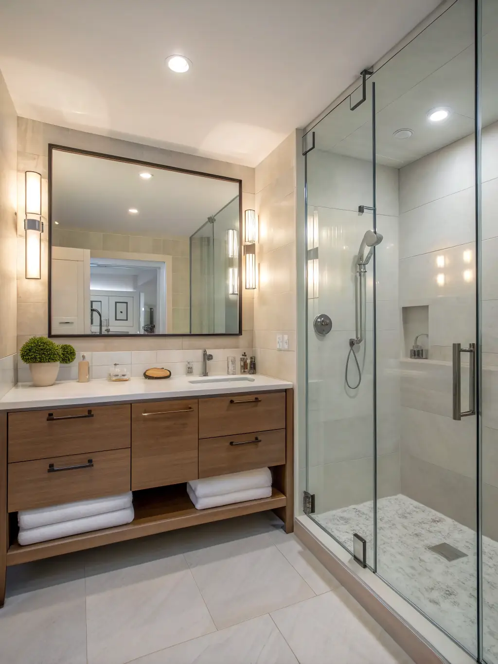 A sleek, modern bathroom with a walk-in shower, elegant fixtures, and ambient lighting, reflecting DOMIFY's bathroom remodeling skills.